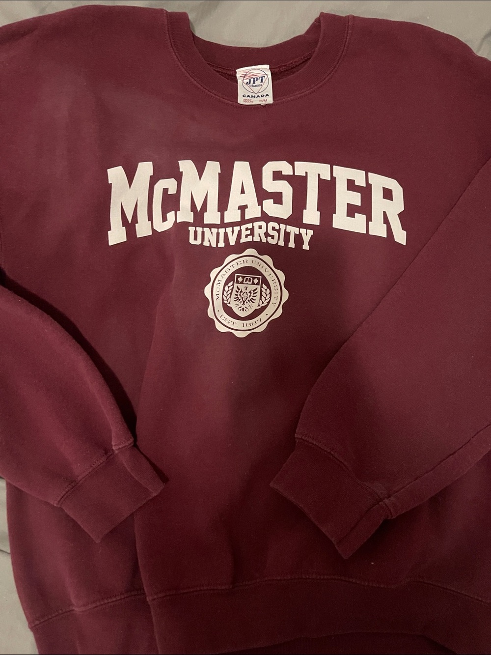Classic Maroon Crewneck Sweatshirt with White McMaster University Logo